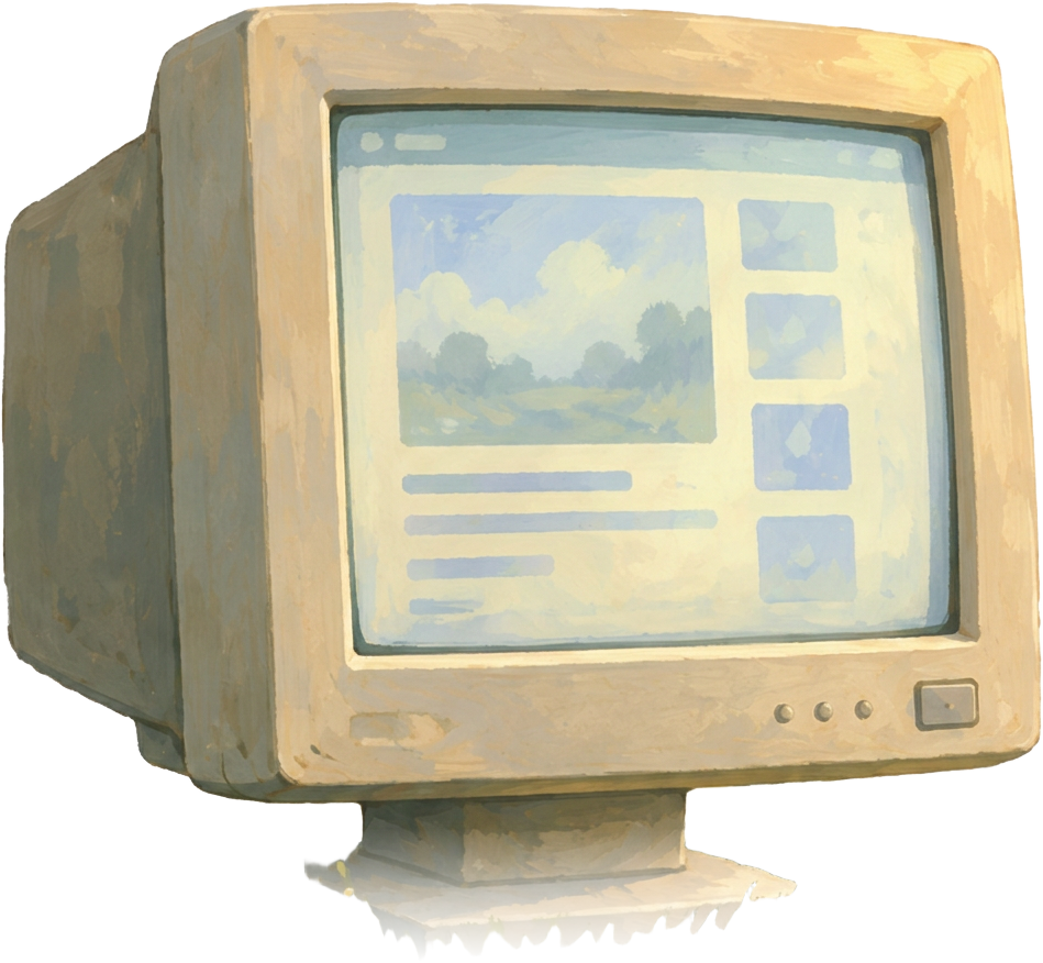 A painted computer monitor standing in the meadow